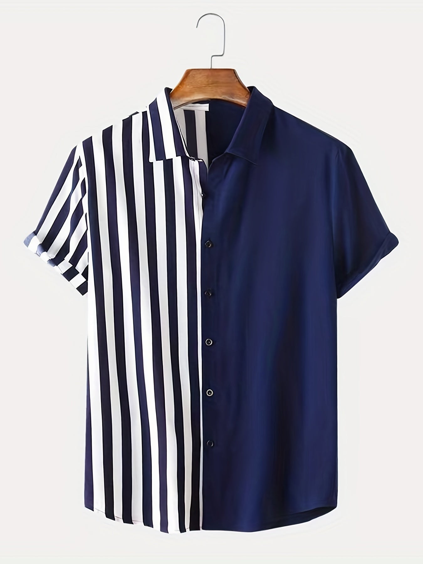 Men s Casual Block Stripe Graphic Short Sleeve Button Down Hawaiian Shirt