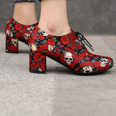 Skull & Rose Chunky Heels Lace Up Pumps Round Toe
