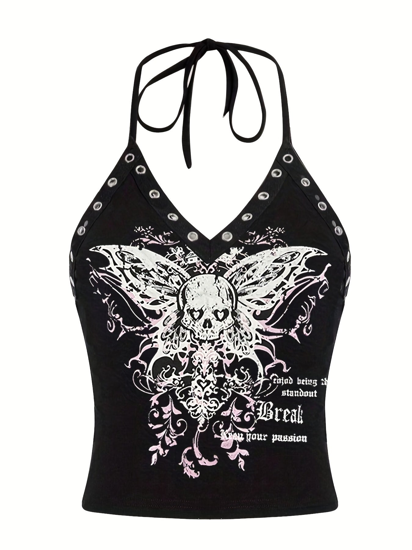 Skull Butterfly Halter Top Y2K V Neck Tie Back Summer Sleeveless
