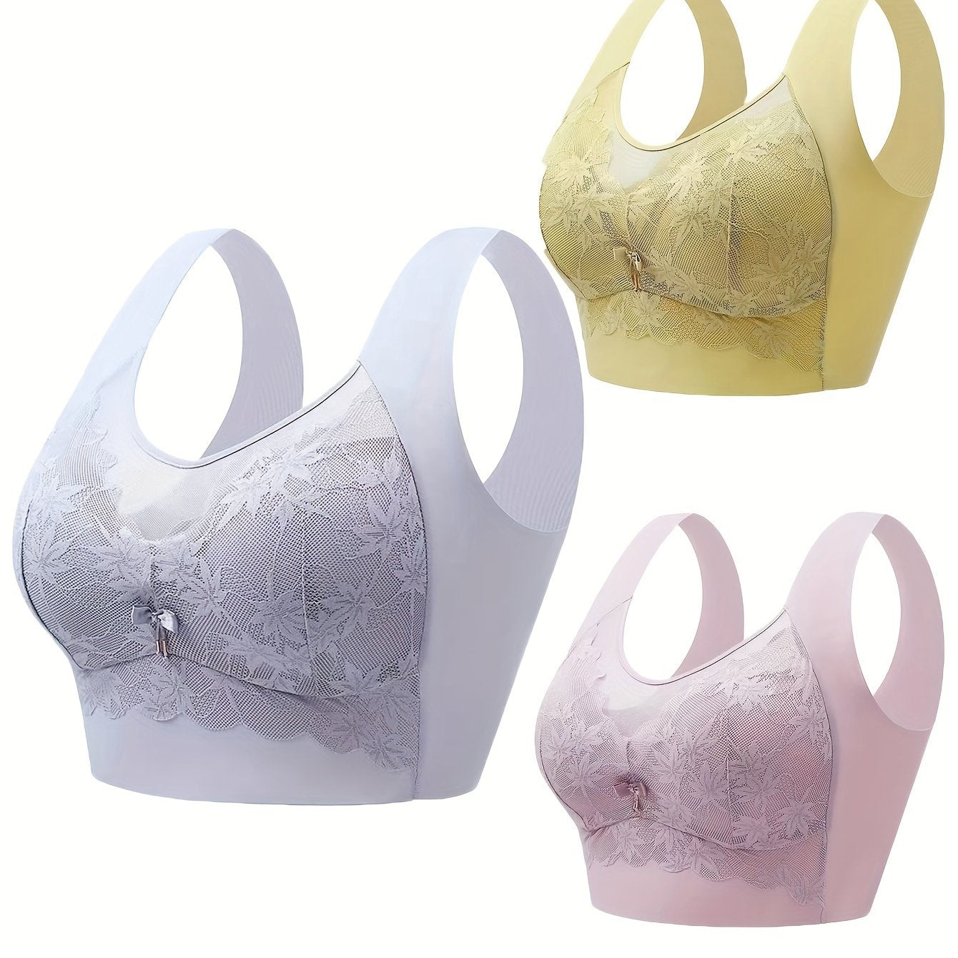 3pcs Lace Wireless Bras Breathable Wide Straps Women's Lingerie
