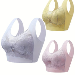 3pcs Lace Wireless Bras Breathable Wide Straps Women's Lingerie