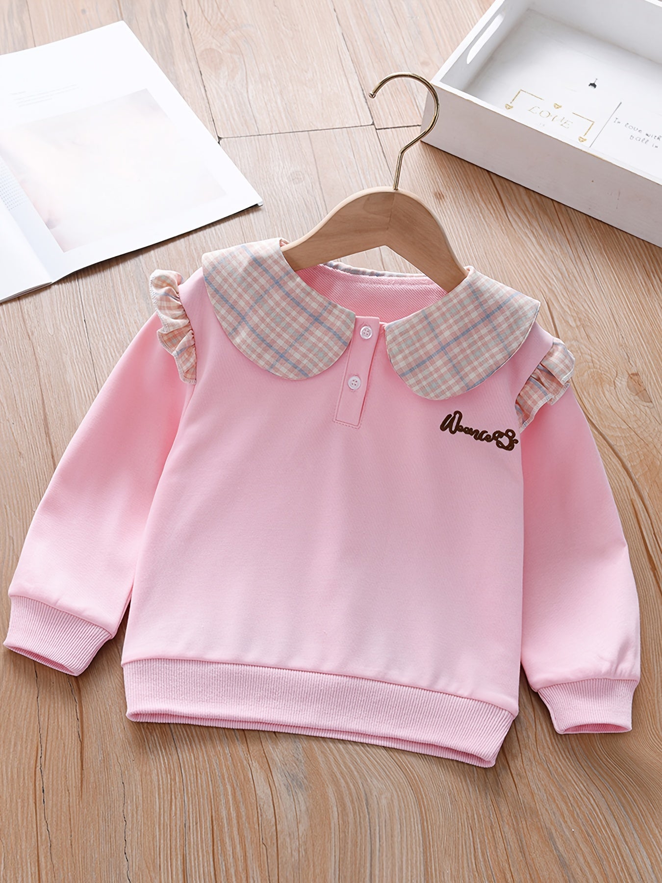 Embroidered Plaid Collar Crew Neck Sweatshirt for Girls