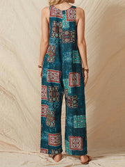 Hippie Patchwork Retro Print Wide Leg Jumpsuit Loose Casual Jumpsuit