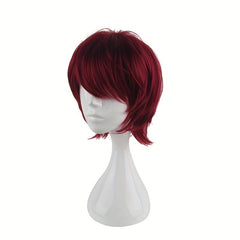 Men's 14 Inch Wine Red Anime Dress Up Wig Synthetic Fiber Wig