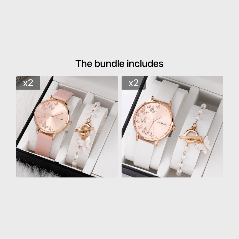 Girls Quartz Watch & Butterfly Pendant Bracelet Gift Set