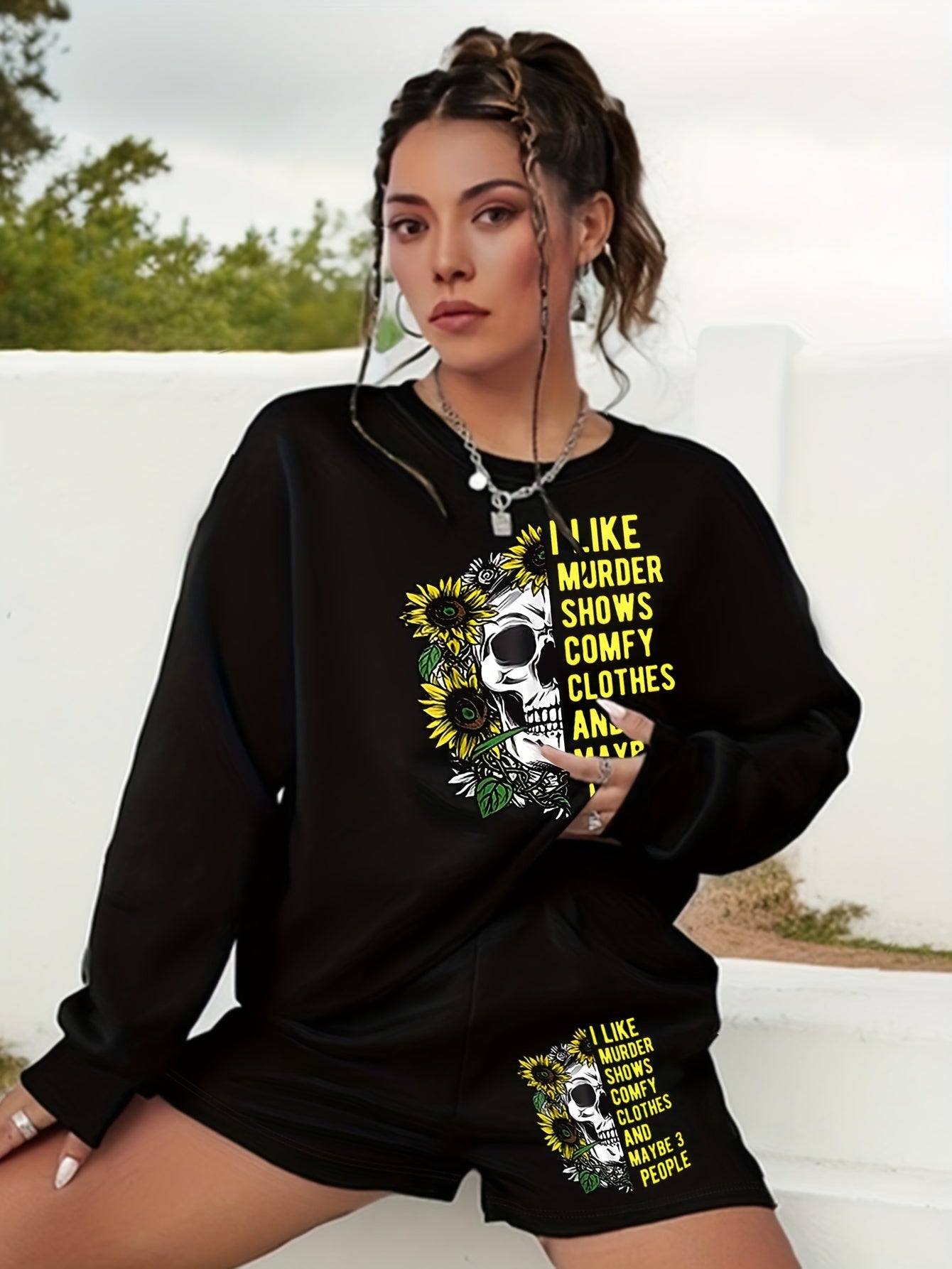 Halloween Graphic Print Sweatshirt & Shorts 2pcs Set