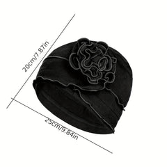 Ruffles Plate Flower Turban Cap Head Wrap Solid Elastic Beanies
