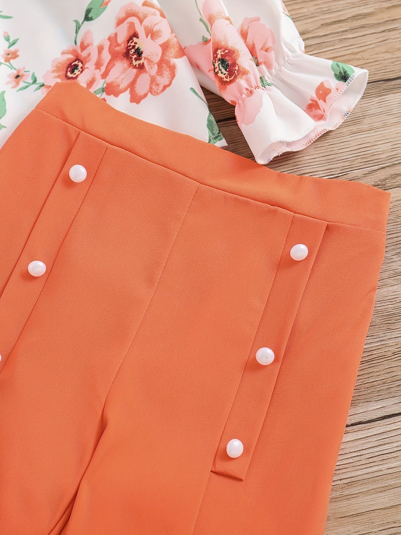 Girl's 2pcs Floral Print Top & Pants Set for Spring/Fall