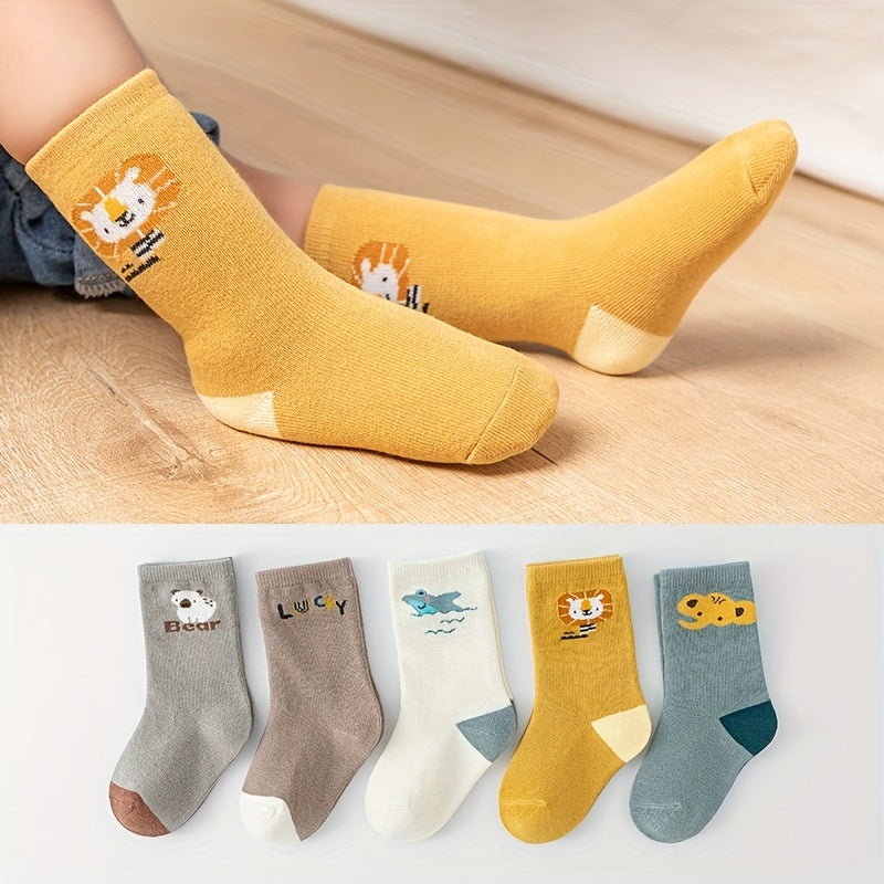 5 Pairs Boys Cotton Cartoon Animal Crew Socks for 0-3 Year Olds