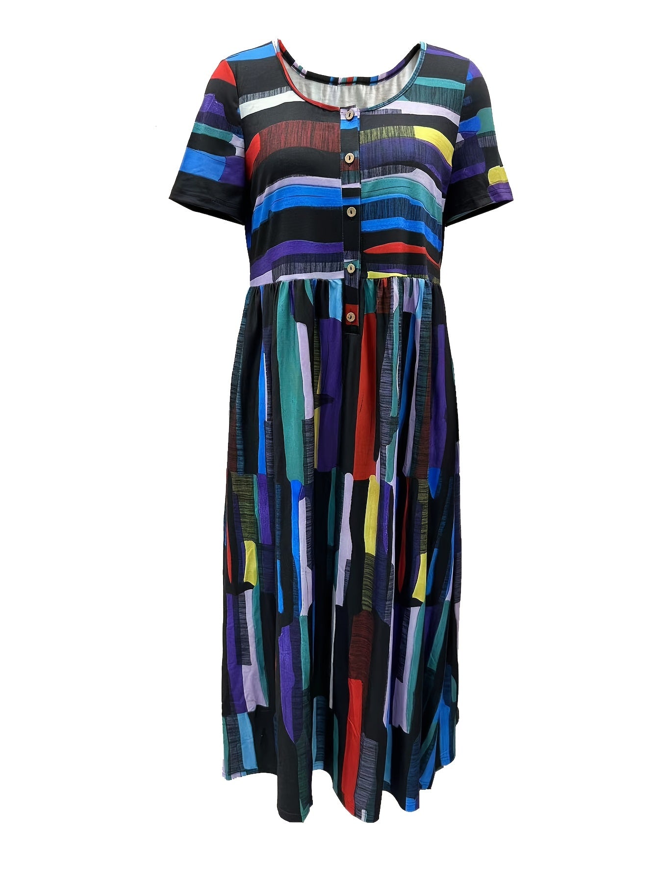 Button Decor Dress Short Sleeve Crew Neck Dress