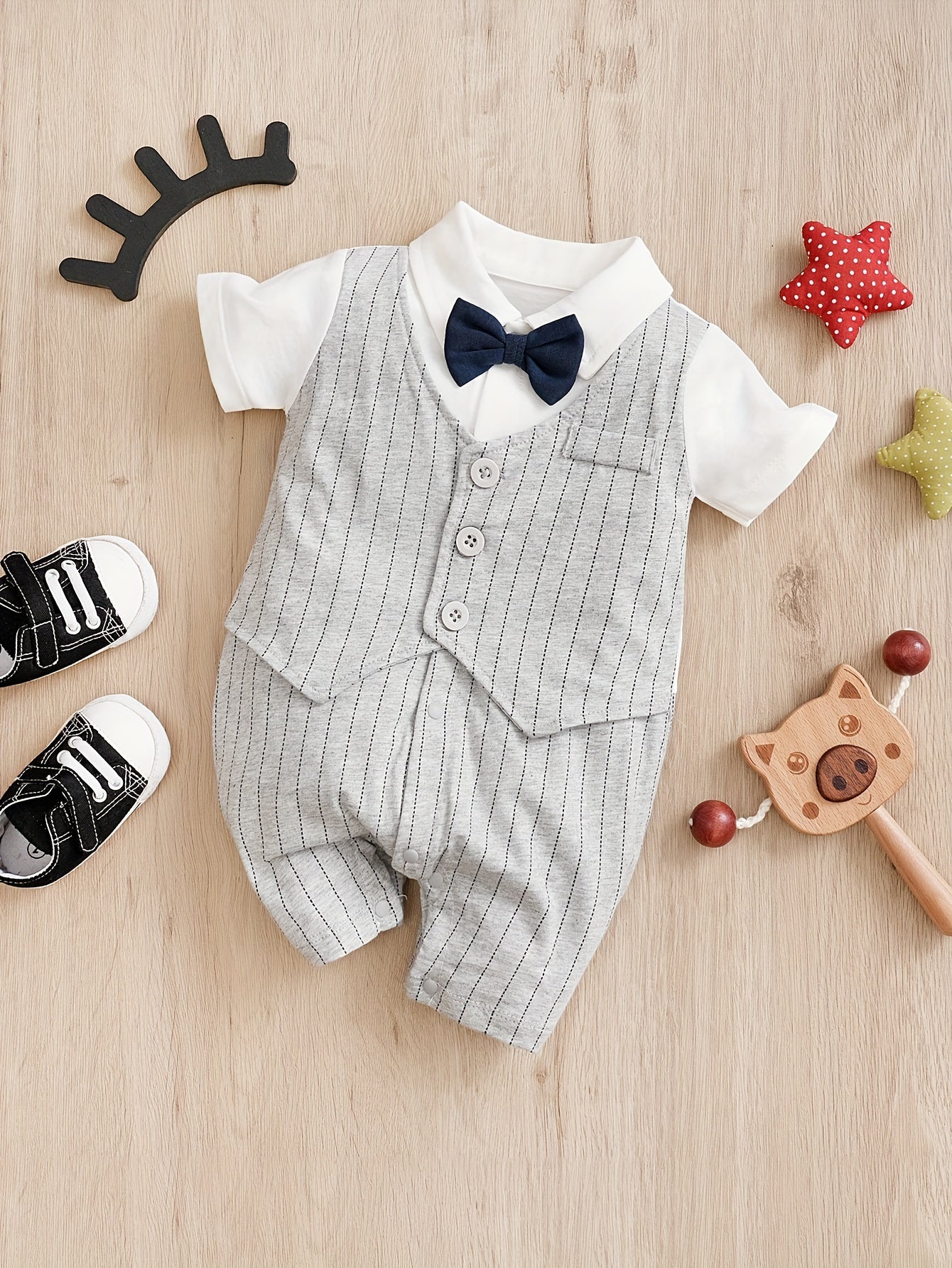 Baby Boys Bowtie Lapel Collar Creeper Romper Gentleman Jumpsuit