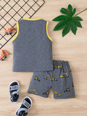 2pcs Excavator Print Tank Top & Shorts Set for Boys