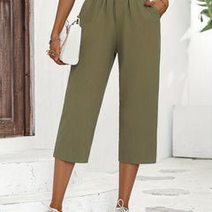 Buttoned Wide Leg Elastic Waist Pants Solid Color