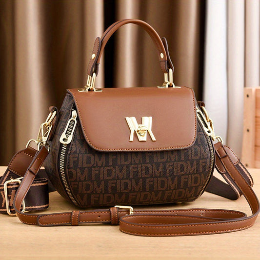 Vintage Letter Print Satchel Bag Classic Colorblock Shoulder Bag