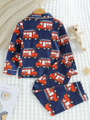 Boys Fire Truck Print Pajama Set Long Sleeve Button Front Loungewear