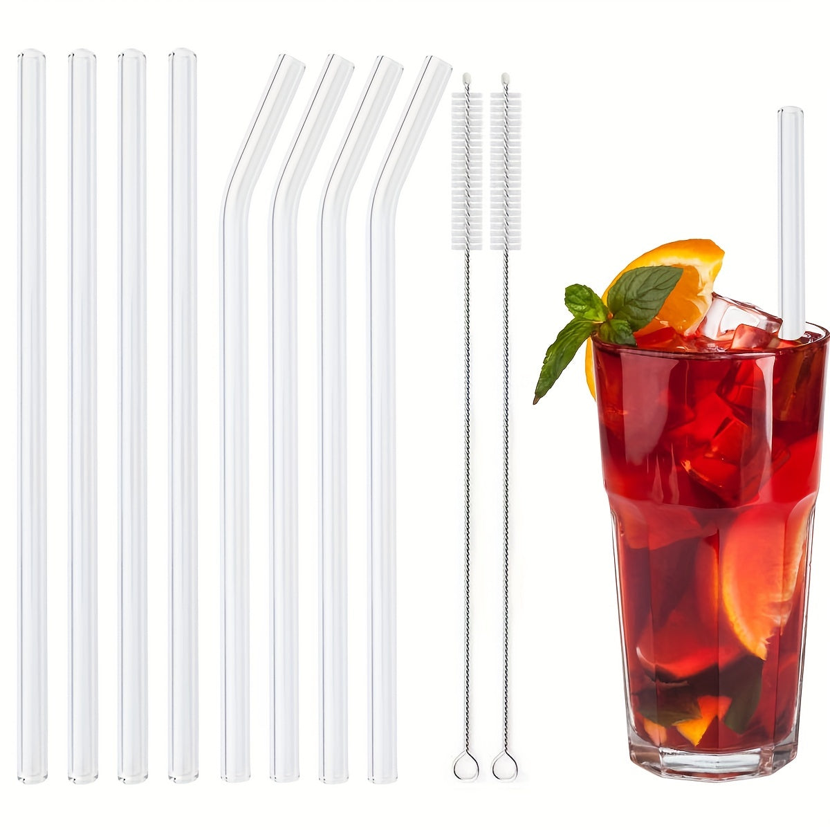 8pcs Transparent Glass Straws w/ Cleaning Brush for Cocktail Drinking