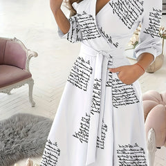 Letter Print Wrap Dress Casual V Neck 3 4 Sleeve Maxi Dress Women's Clothing
