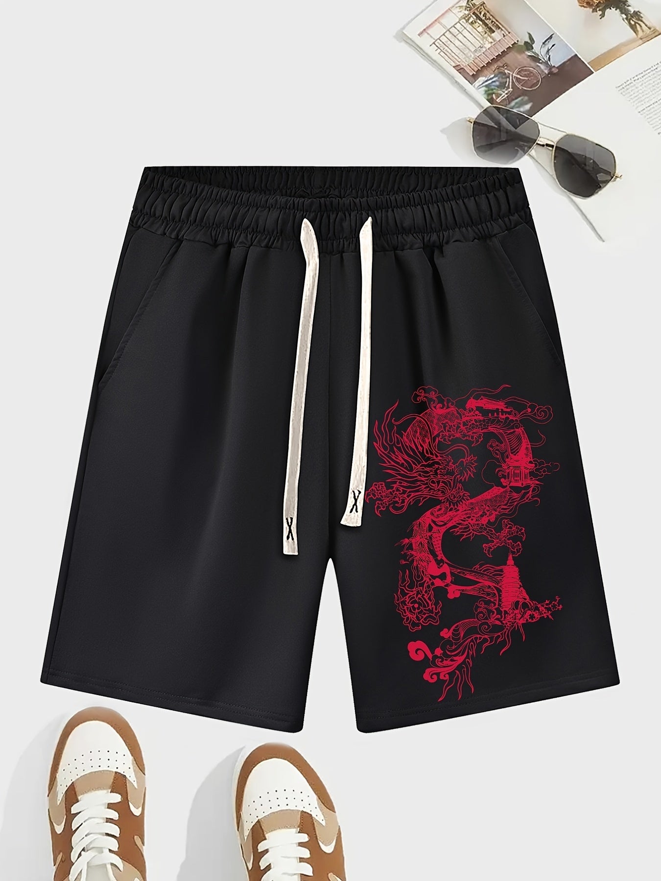 Men's Dragon Graphic Drawstring Waist Shorts Chinese Year