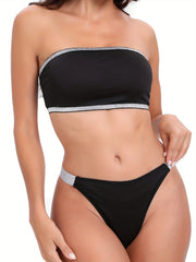 Rhinestone Contrast Trim Bra & Panties Set Women's Lingerie