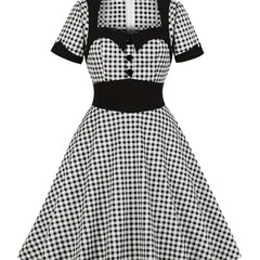Colorblock Gingham Print Sweetheart Neck A-line Dress