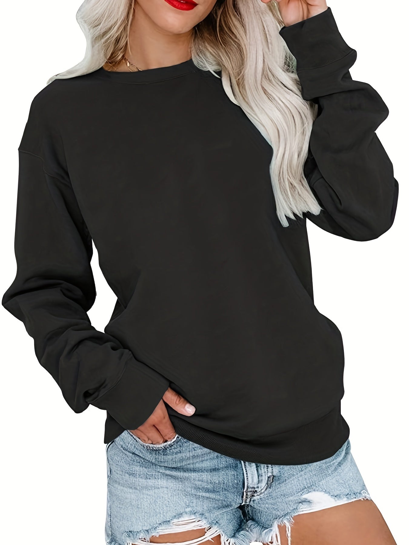 Solid Drop Shoulder Sweatshirt Crew Neck Pullover for Women