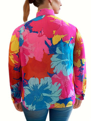 Blouse Women's Plus Floral Print Sleeve Button Up Collar Top