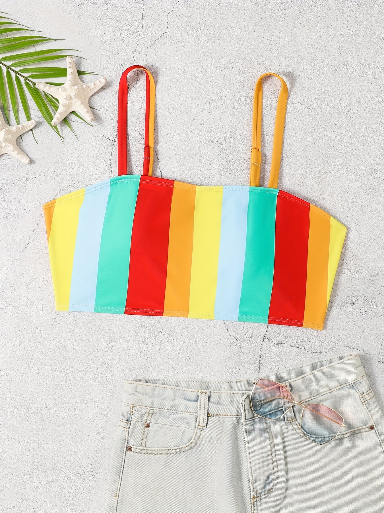 Colorblock Stripe Print Bikini Top