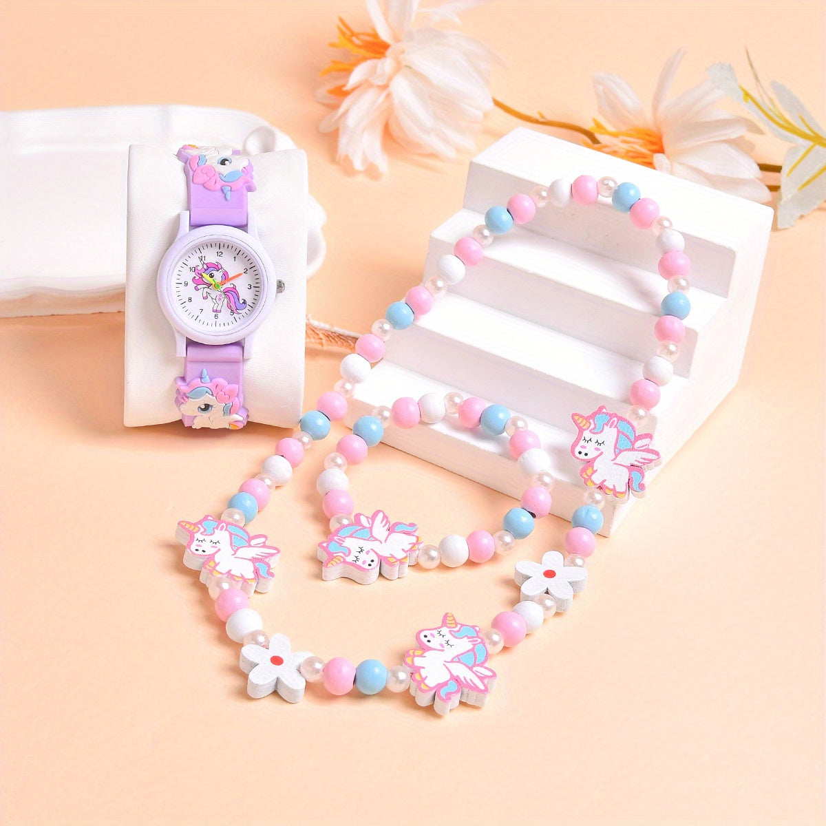 3pcs 3D Cartoon Horse Silicone Strap Girls' Watch Creative Quartz Wristwatch