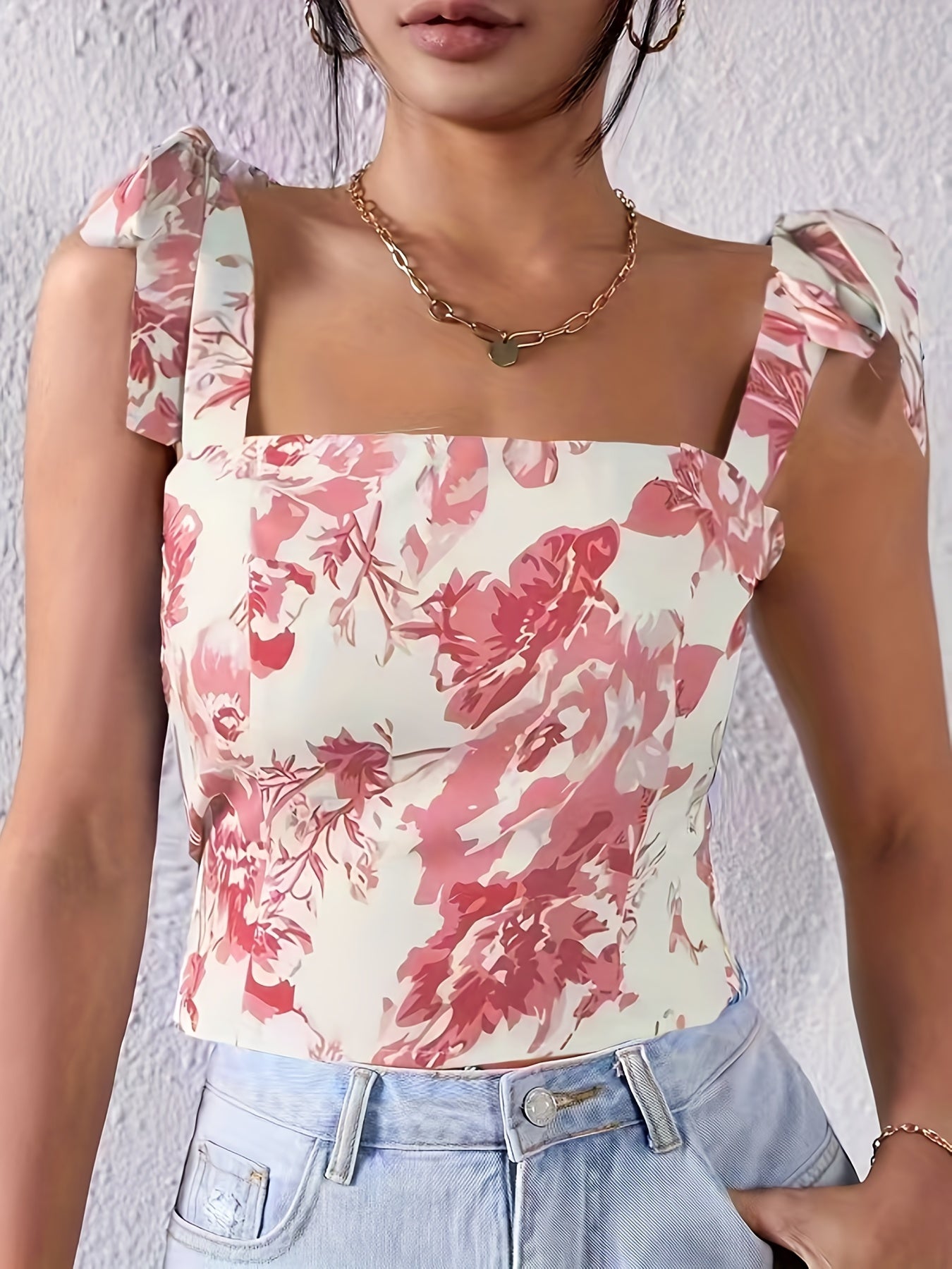 Floral Print Tank Top Sexy Summer Sleeveless Knotted Backless Zip Up Cami Tops