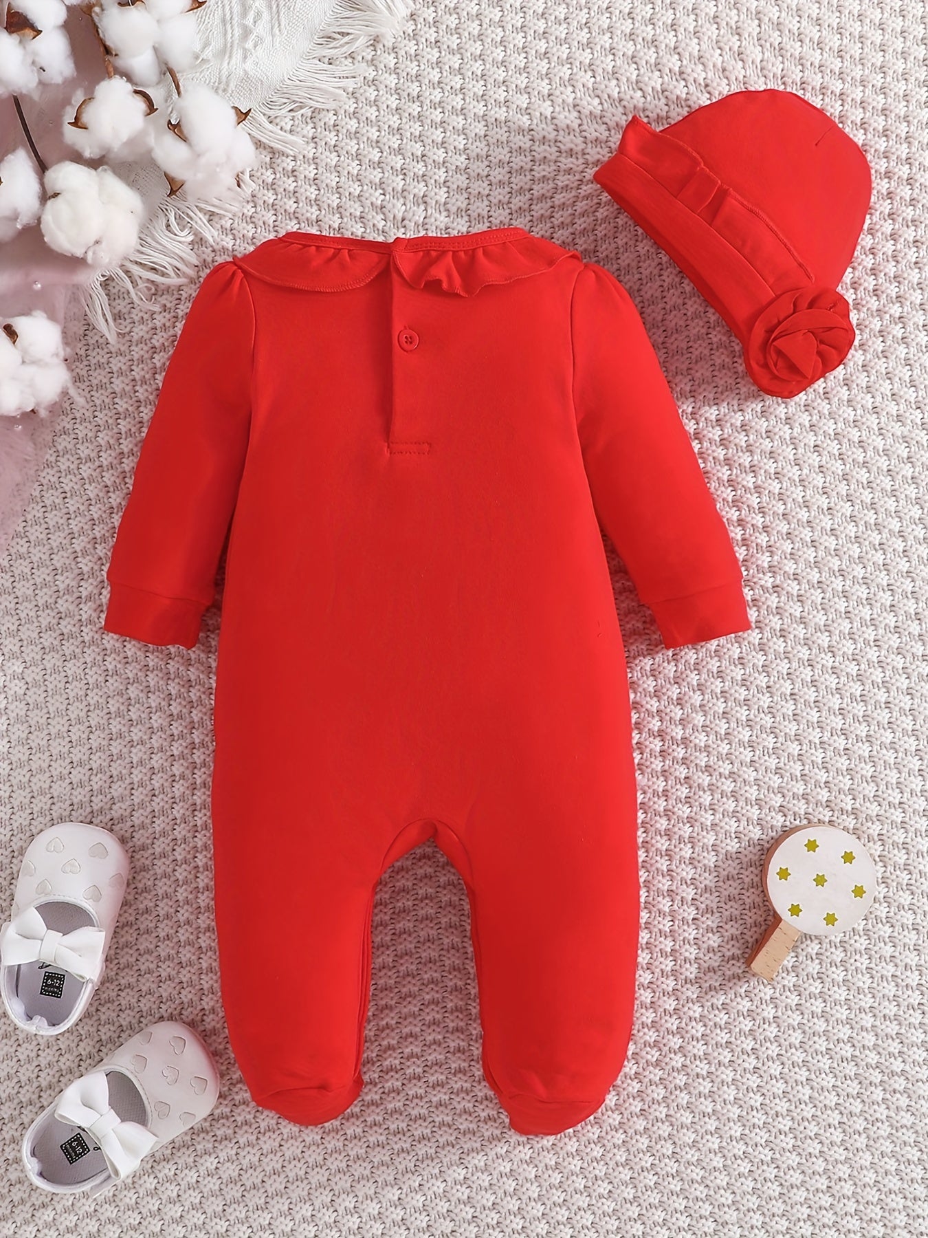 Baby Girl's Romper Ruffle Crew Neck Jumpsuit & Hat Set