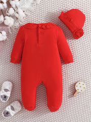 Baby Girl's Romper Ruffle Crew Neck Jumpsuit & Hat Set