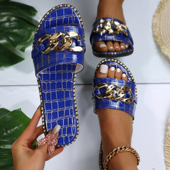 Metal Chain Decor Flat Slippers Open Toe Non Slip Patent Leather Slides
