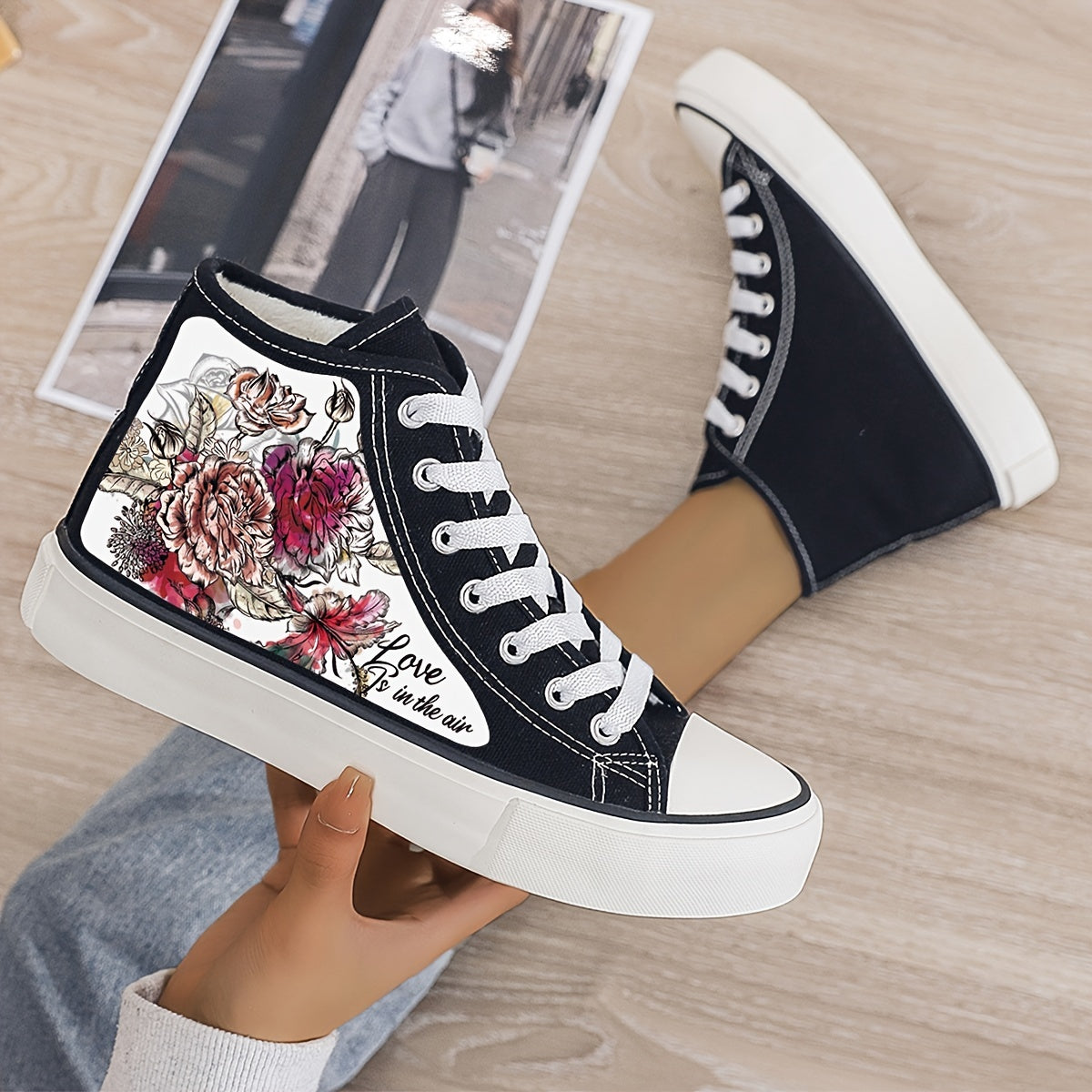 Floral Print Plush Lined Thermal Chunky Canvas Sneakers