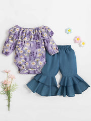 2pcs Toddler Baby Ruffle Off Shoulder Romper & Flared Leg Denim Pants