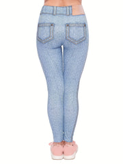 Denim Printed High Waist Leggings Slim Fit Casual Leggings