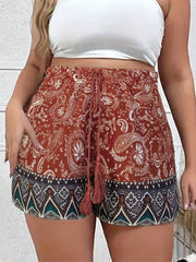 Boho Shorts Women's Plus Paisley Border Print Drawstring Vacay Shorts
