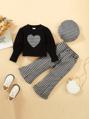 Houndstooth 3pc Beret & Heart Top & Pants Set for Girls