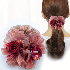 Vintage Mesh Flower Beaded Hair Scrunchie Ponytail Holder
