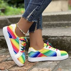 Women's Rainbow Print Lace Up Round Toe Flat Sneakers