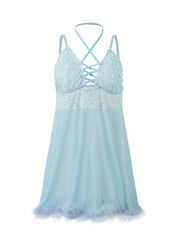 Plush Trim Cross Neck Lace Babydoll Dress Women's Semi Sheer Sexy Cost