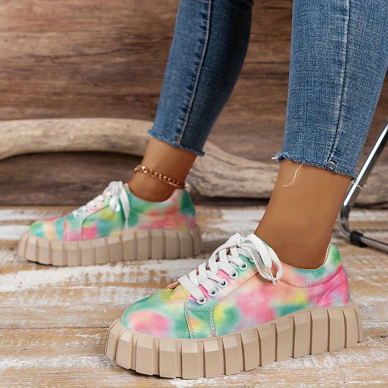 Women's Colorful Print Canvas Sneakers Round Toe Lace up Outdoor Shoes