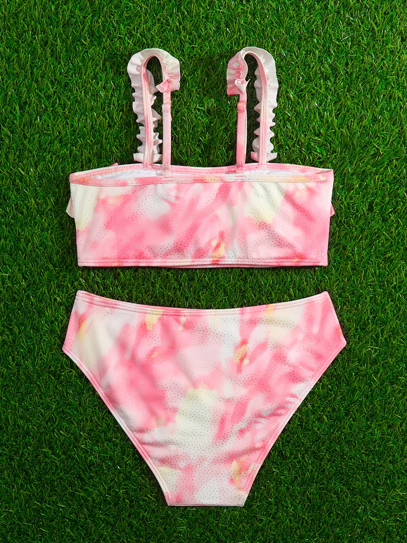 Girl's Tie Dye Bikini Set Ruffle Decor Sequin Cami Top & Briefs