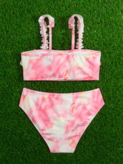 Girl's Tie Dye Bikini Set Ruffle Decor Sequin Cami Top & Briefs