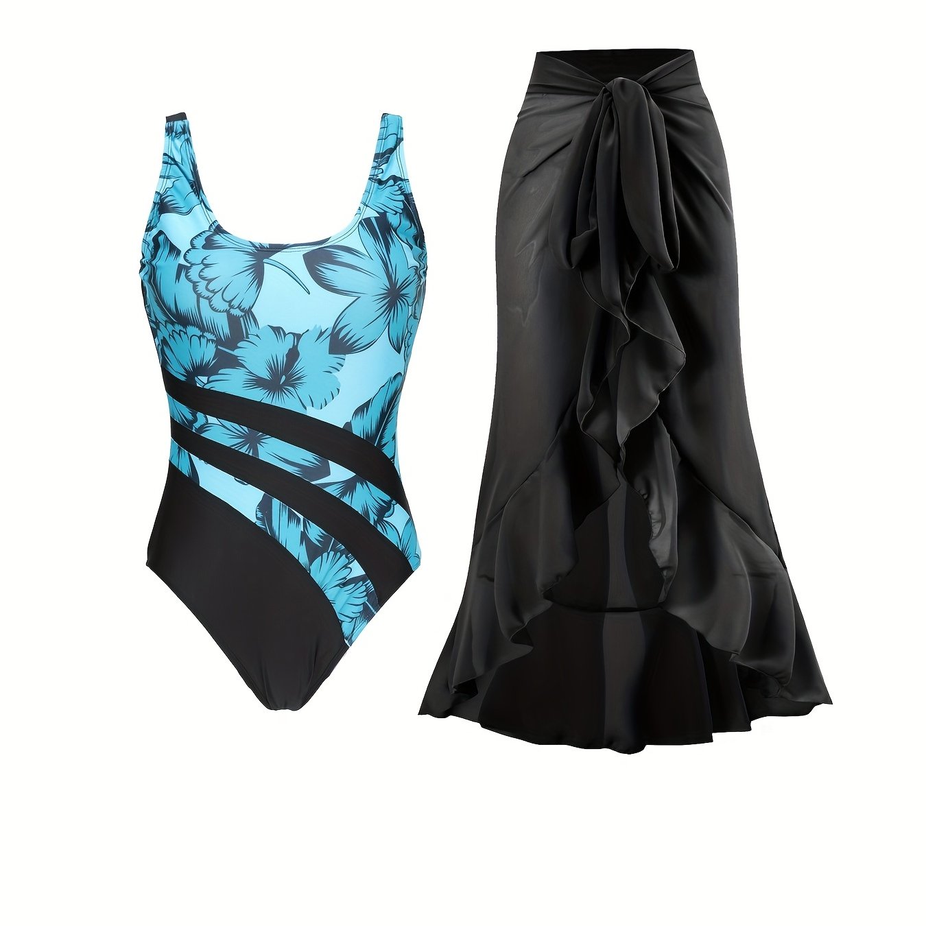 Floral Print Ring One Piece Swimsuit with Ruffle Tie Sarong Cover Up