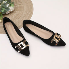 Pointed Toe Flat Shoes with Metallic Buckle - Versatile Work Shoes