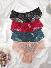 4pcs Lace Bow Tie Briefs Scalloped Panties Women's Lingerie