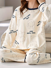 Bear Print Pajama Set Long Sleeve Top & Pants Women's Sleepwear