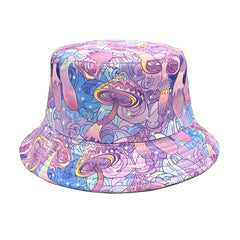 Purple Mushroom Print Bucket Hat Sunscreen Vacation Fisherman Cap