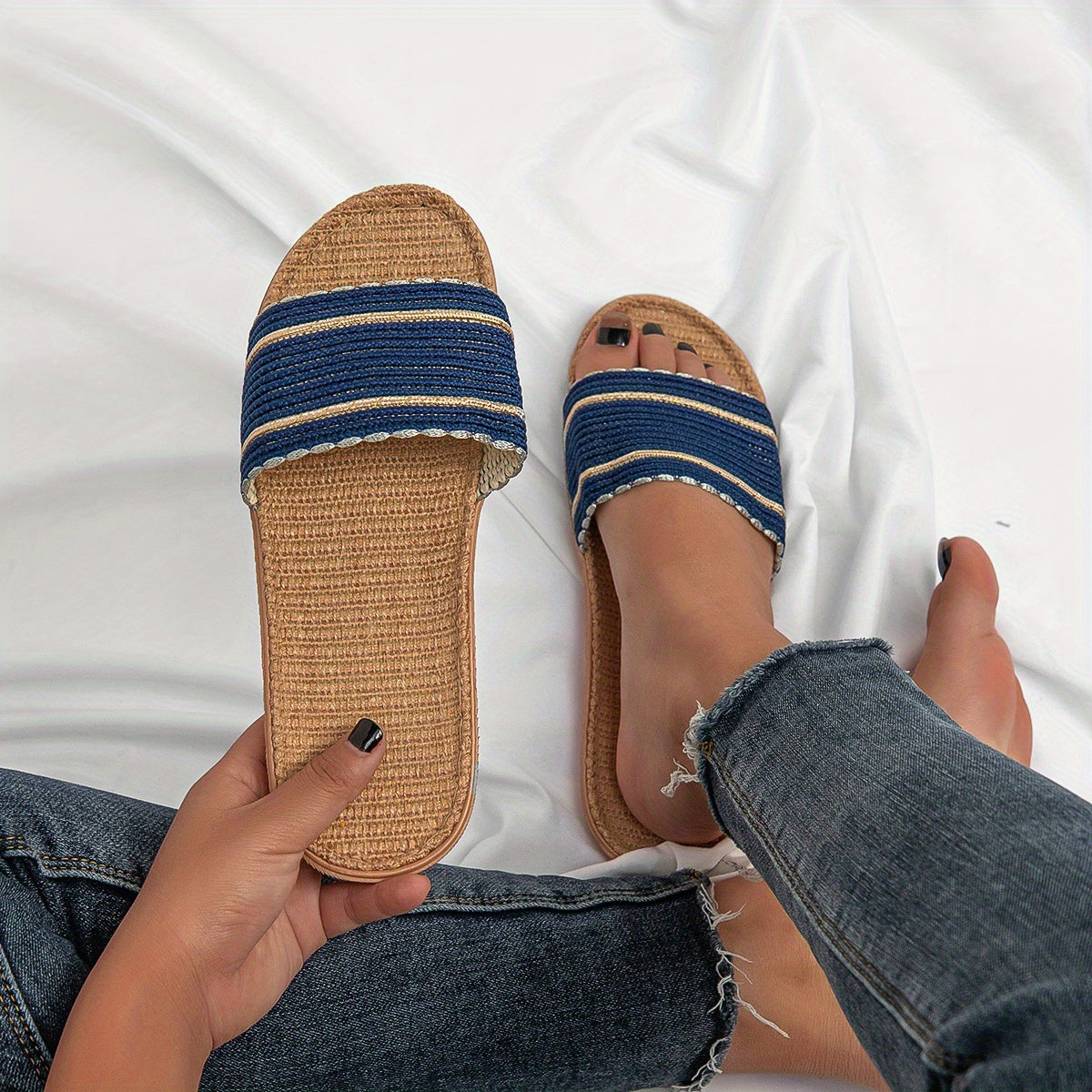 Women's Flat Linen Slides Open Toe Non Slip Shoes