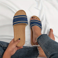 Women's Flat Linen Slides Open Toe Non Slip Shoes